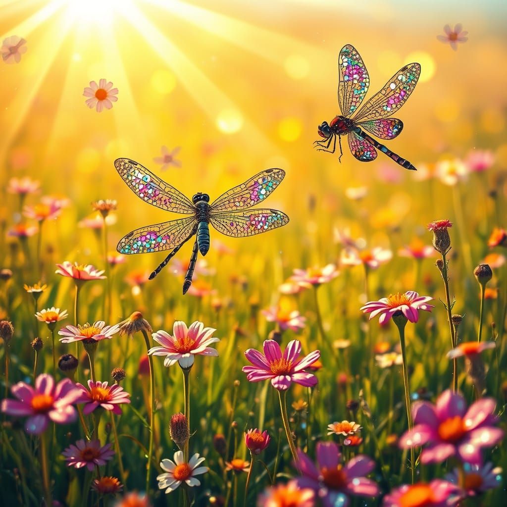 Whimsical Meadow with Iridescent Dragonflies