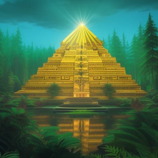 Golden Aztec Pyramid in Green Forest, Digital Art