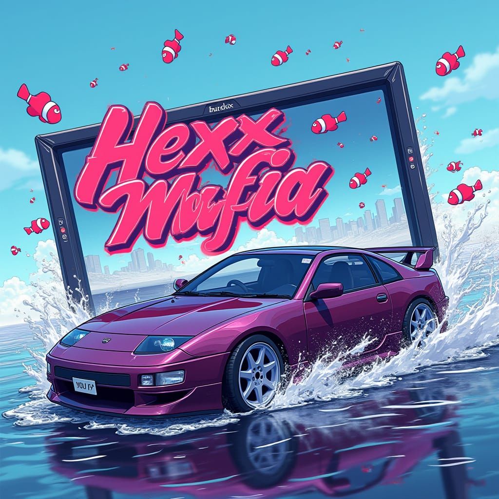 Vibrant Nissan 300ZX Z32 in a Futuristic Cityscape with Spla...