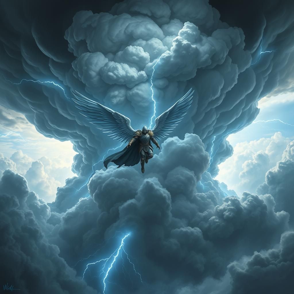 Armored Angel Soaring Through Colossal Storm
