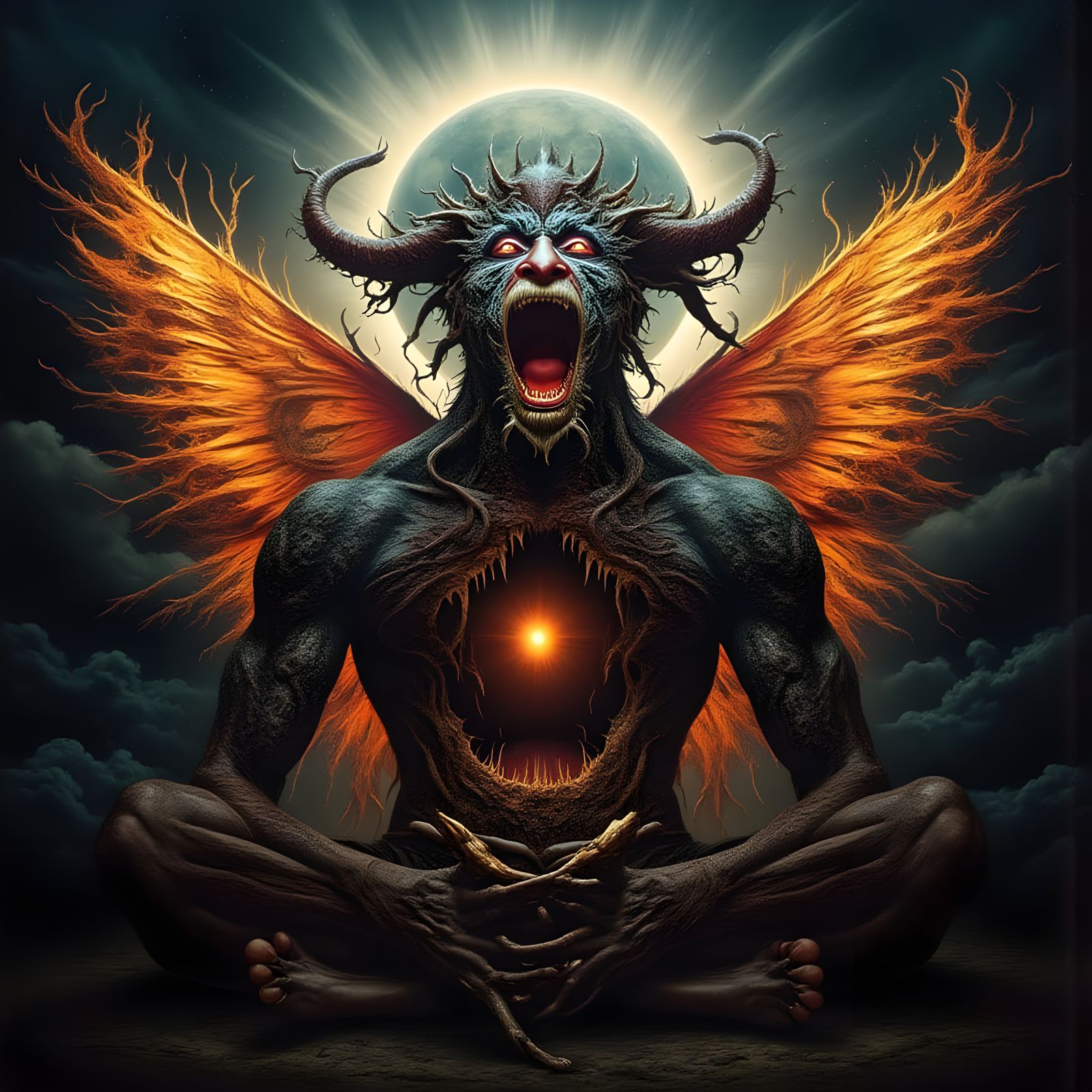 Man Mutation with Fiery Butterfly Wings and Fractal Face