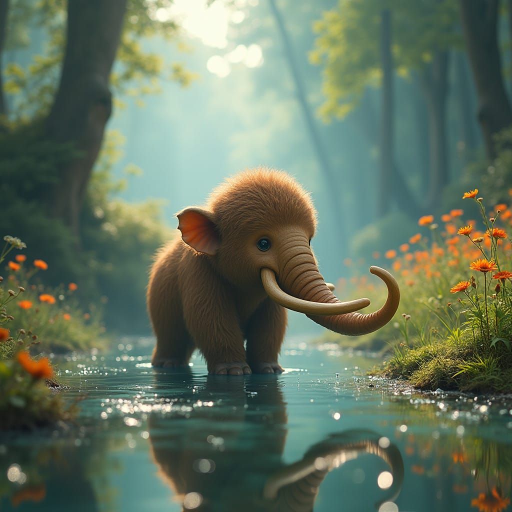 Surreal Forest Scene with a Fluffy Baby Mammoth in a Mystica...