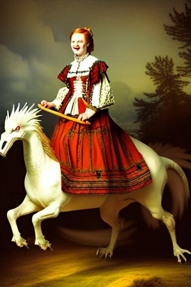 Redhead in Folk Dress on Dragon, Rembrandt Style