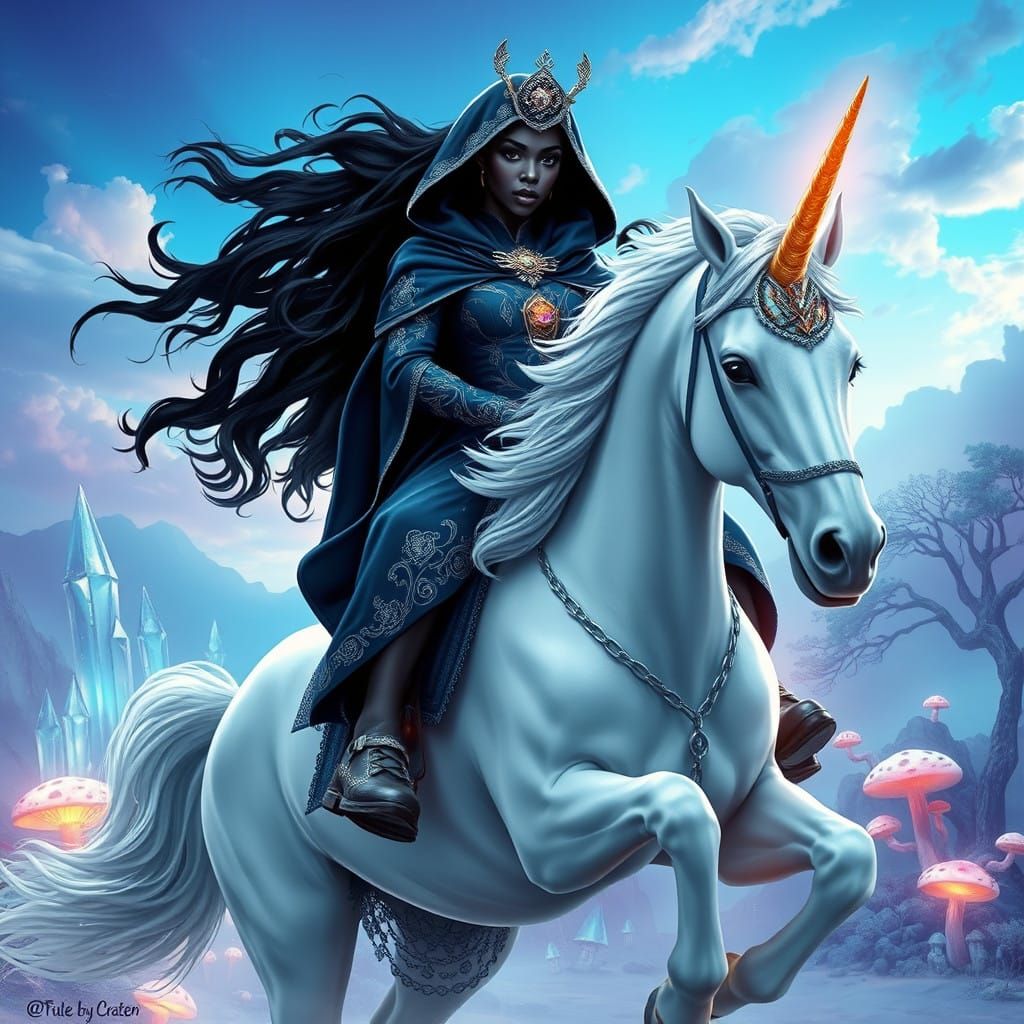 Regal Ebony Goddess Rides Majestic White Unicorn in Cyberpun...