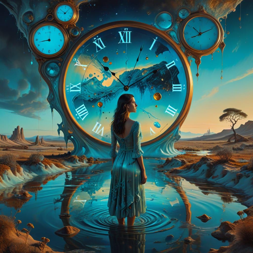 Surreal Woman in Ethereal Dreamscape with Melting Clocks