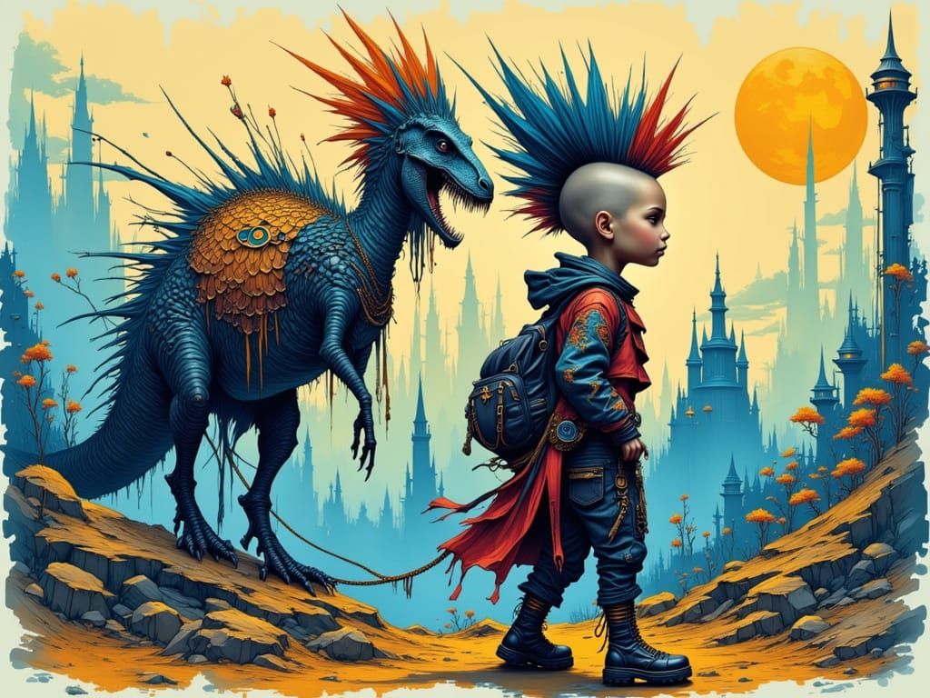 Punk Rocker and Dinosaur in Cyberpunk Cityscape