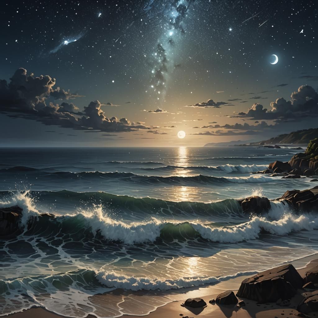 Hyperrealistic Starry Seascape at Night with Reflected Moonl...