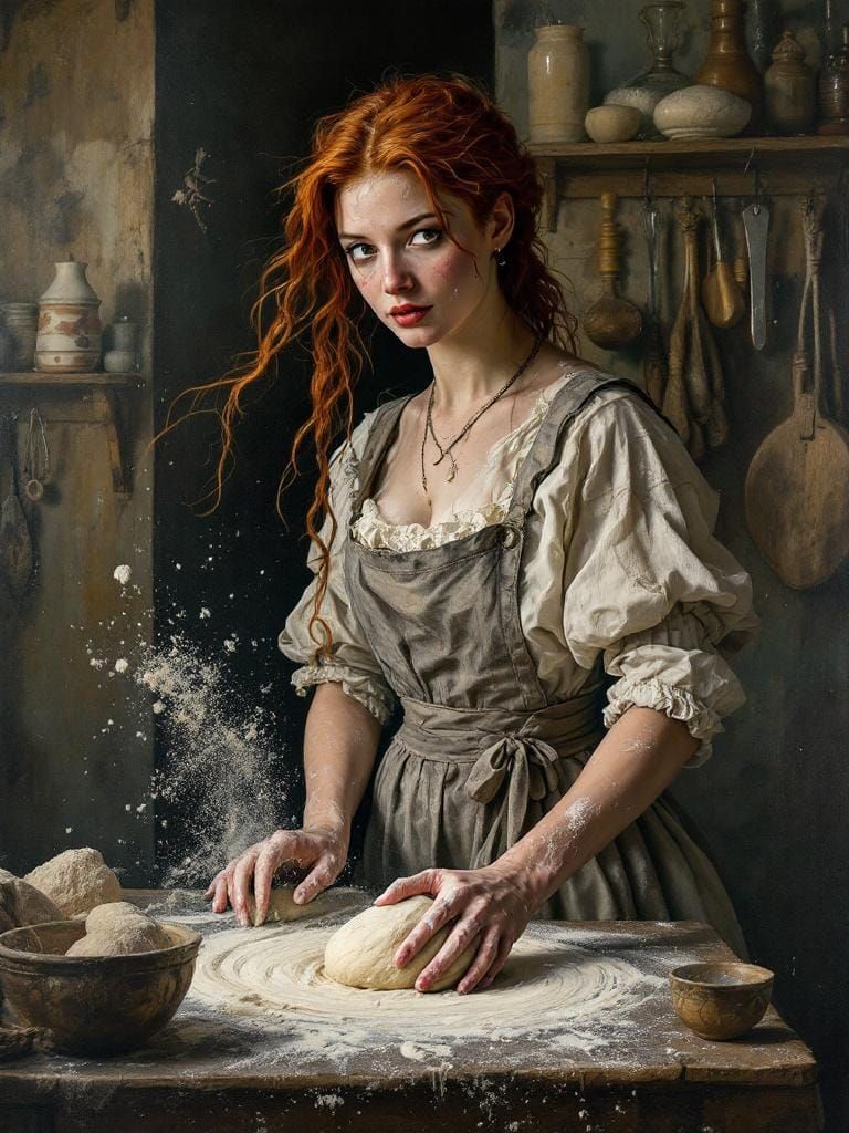 Redhead Baker in Kitchen with Geometric Shadows