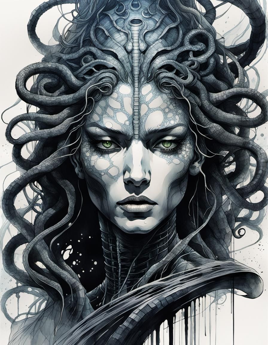 Medusa Portrait in Ink Drawing Style