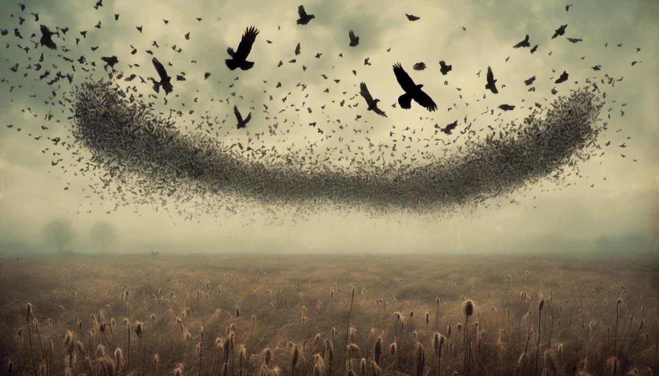 Crows Form Text in Sky: Macabre Scene