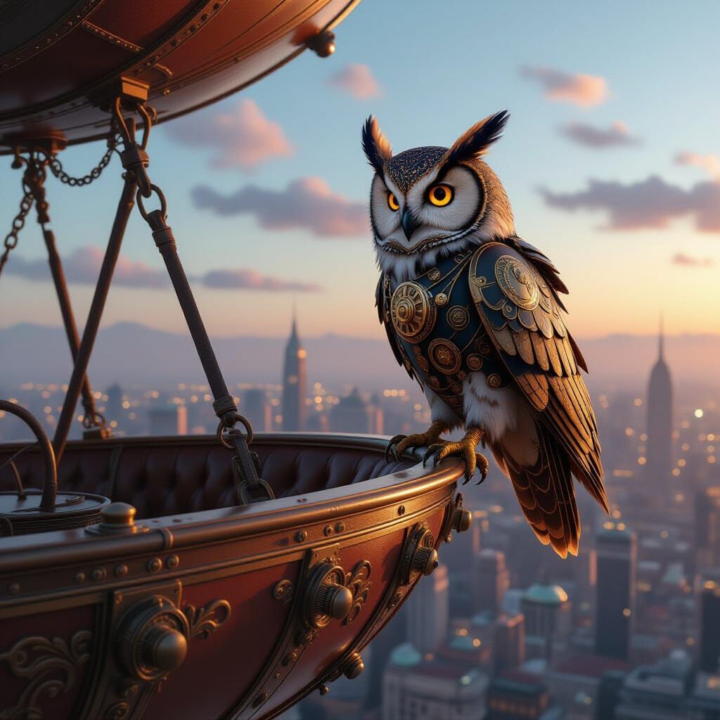Steampunk Owl Perched on Zeppelin Gondola