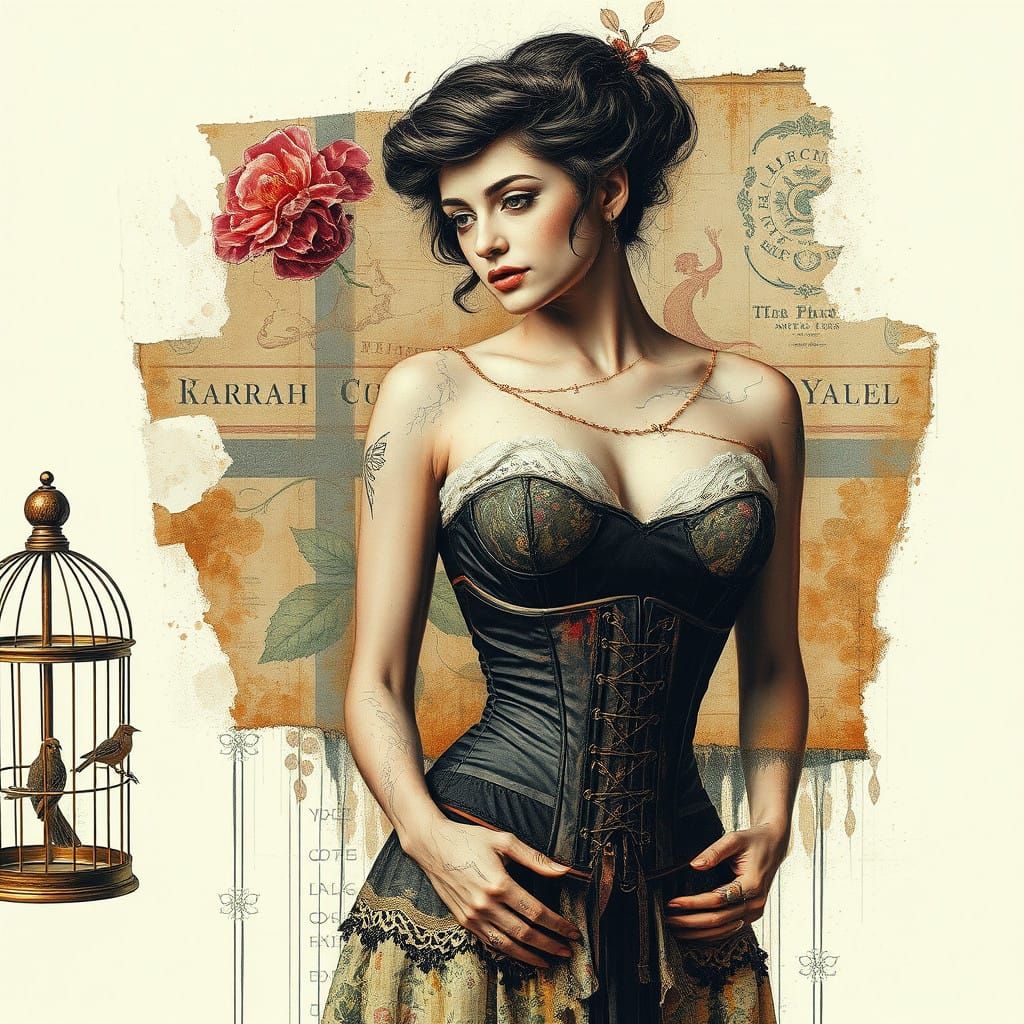 Surreal Corseted Portrait in a Mixed Media Birdcage Collage