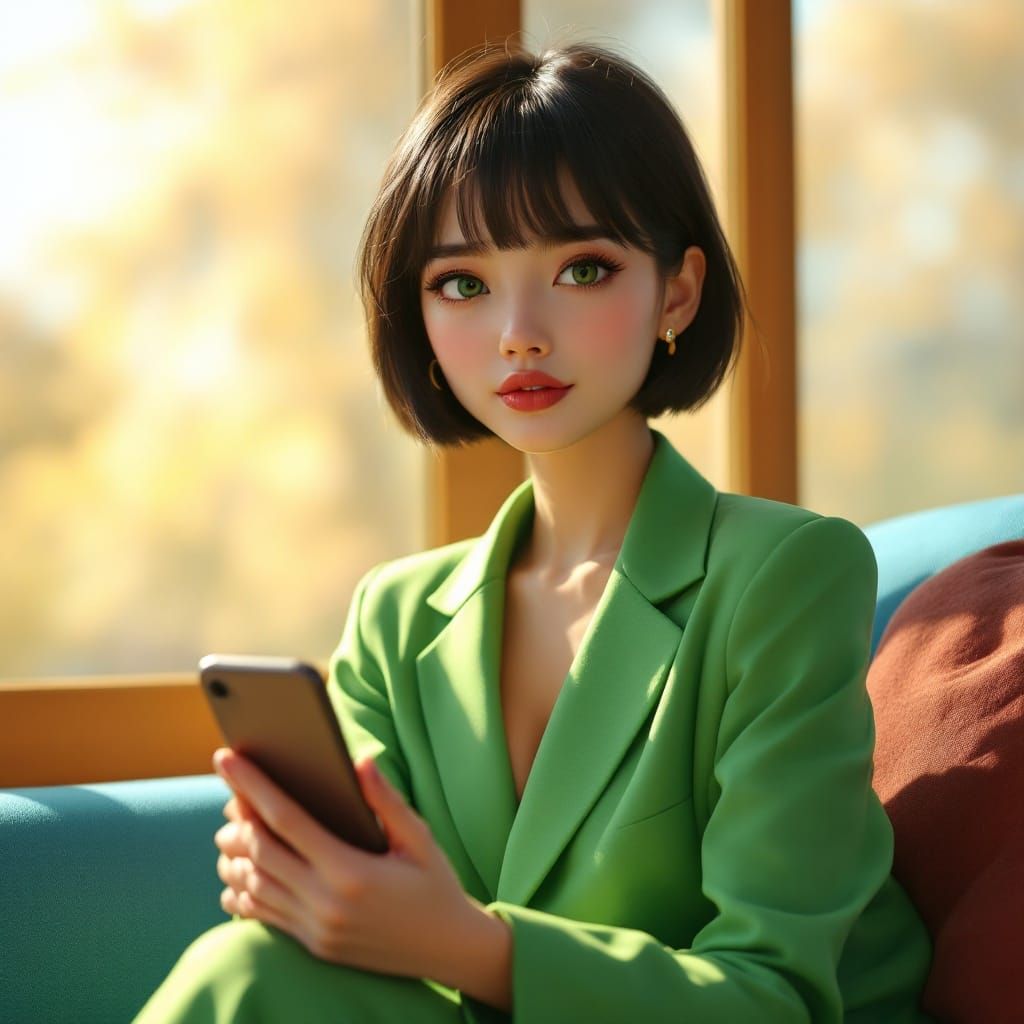 Chibo Style Girl with Green Eyes and Chic Attire, Set agains...