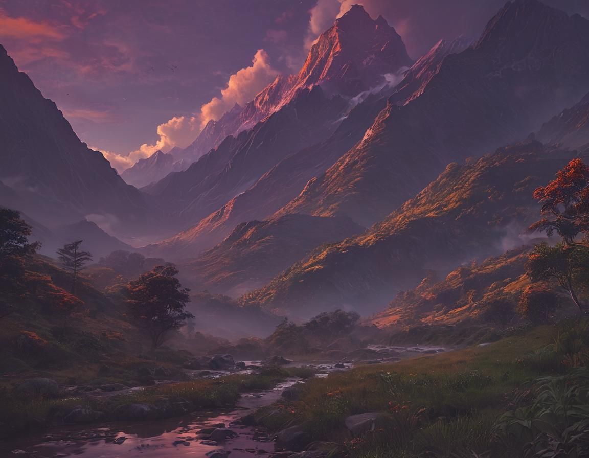 Majestic Orange Mountain Sunset: Digital Matte Painting