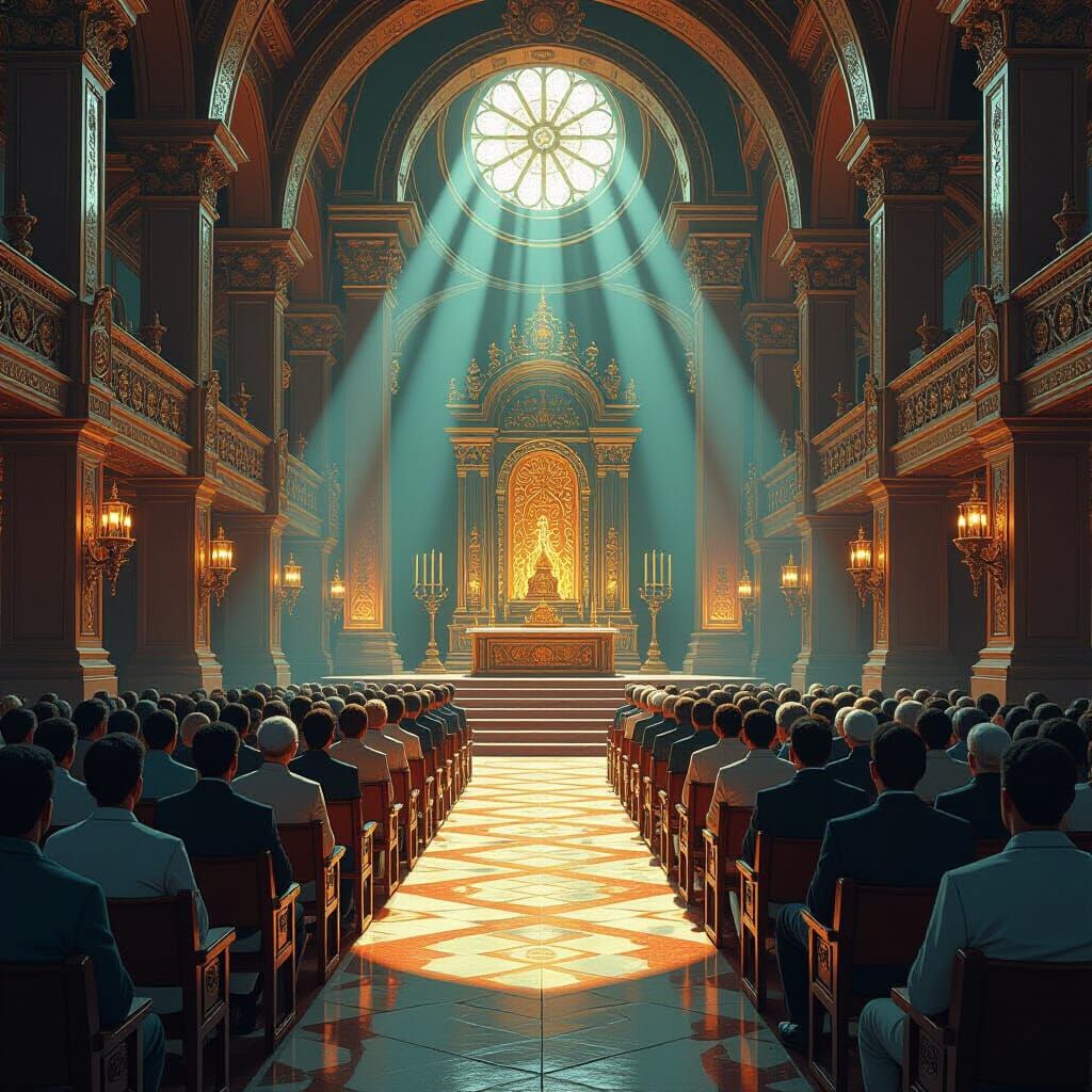 Grand Hall with Seated Figures and Ornate Altar