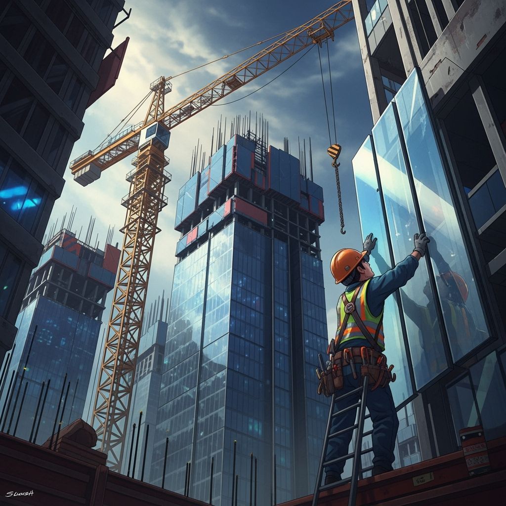 Futuristic Construction Worker Installing Glass Facade