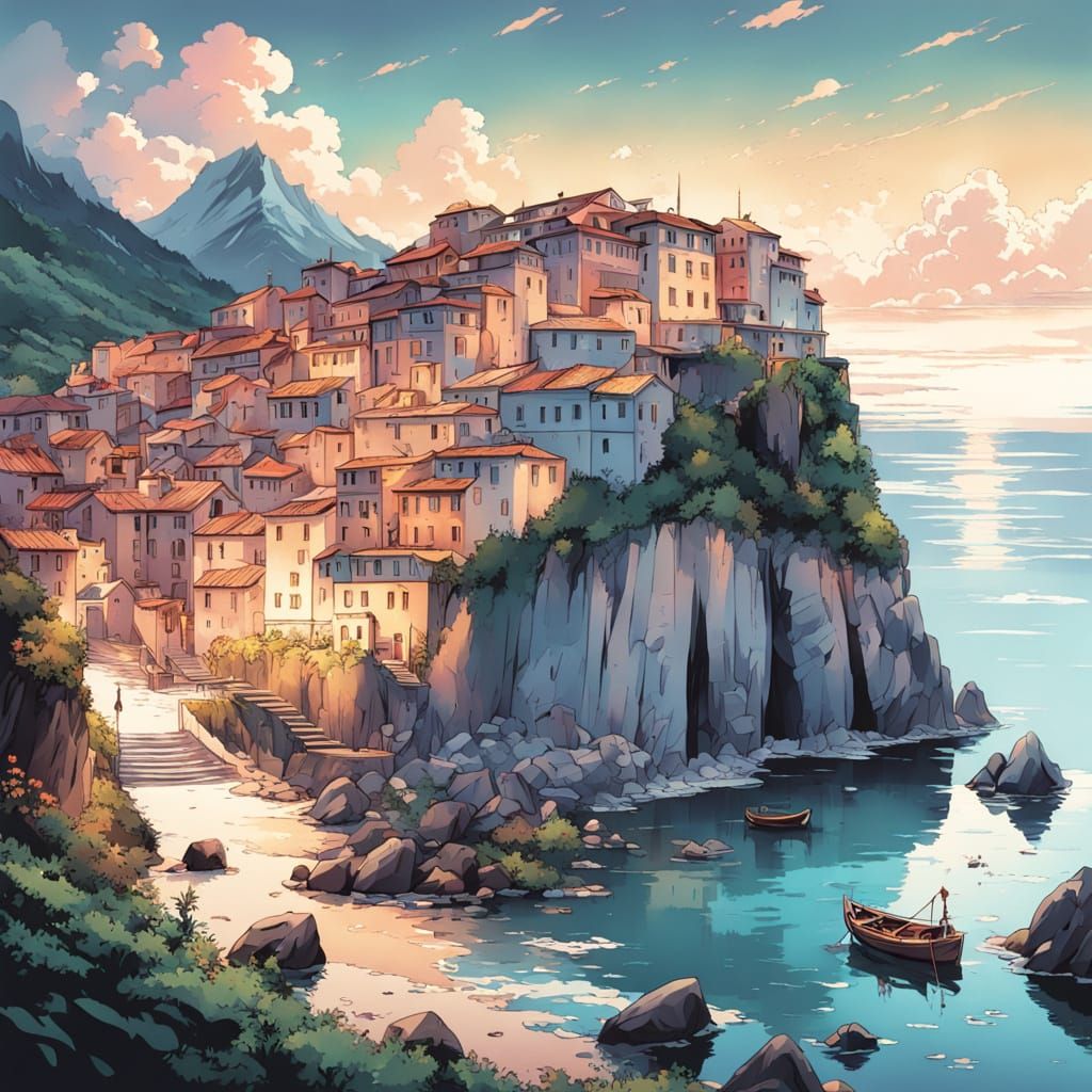 Whimsical Italian Fishing Village at Sunrise