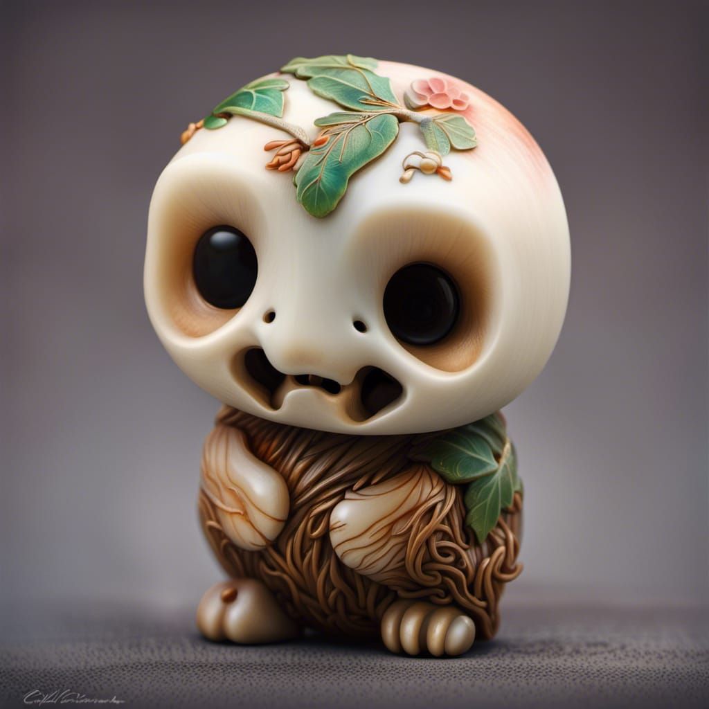 Netsuke, kodama forest spirit, mid shot, 2/3 face angle, side light, in the style Tomotado