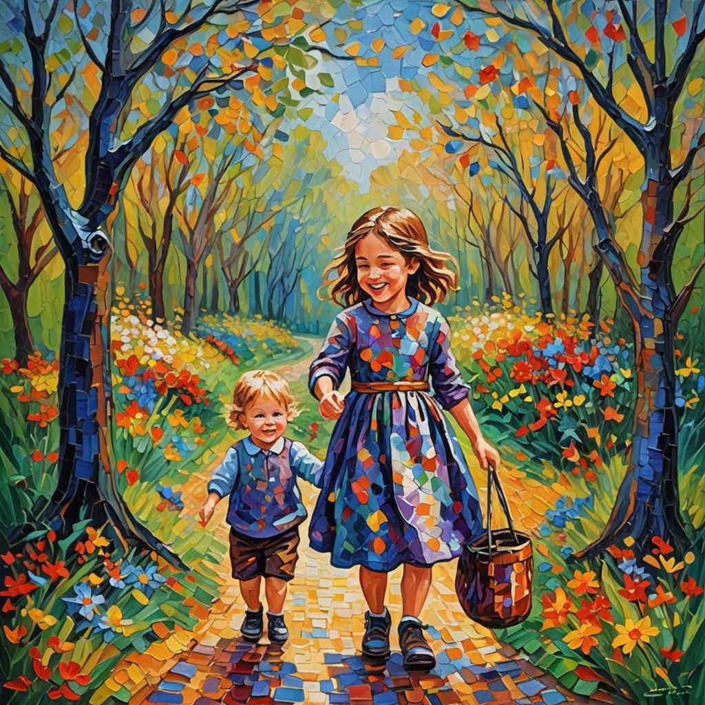 Innocence and Joy: Neo-Impressionist Oil Painting