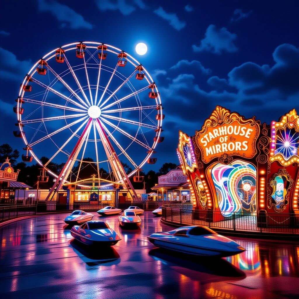 Pleasure Island Amusement Park at Night
