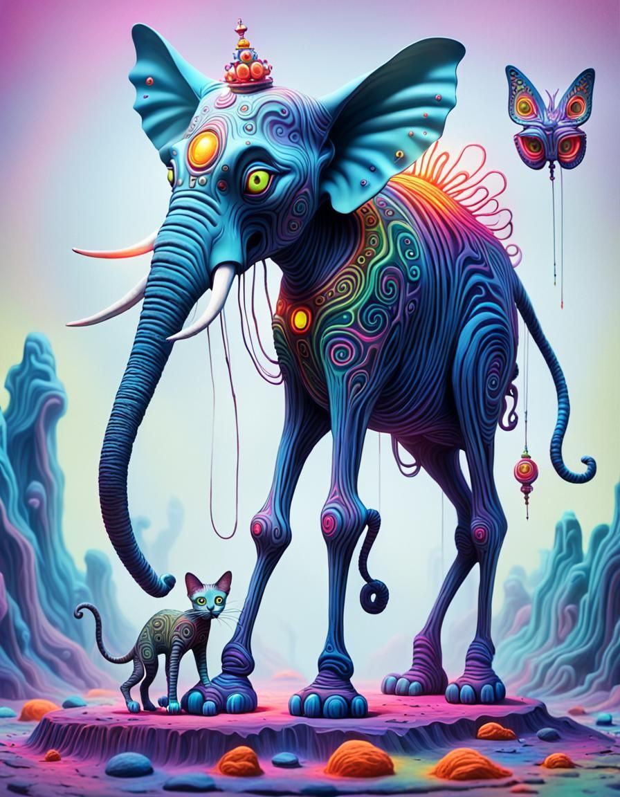 Surreal Felines Ride a Cosmic Elephant in a Vibrant Surreali...