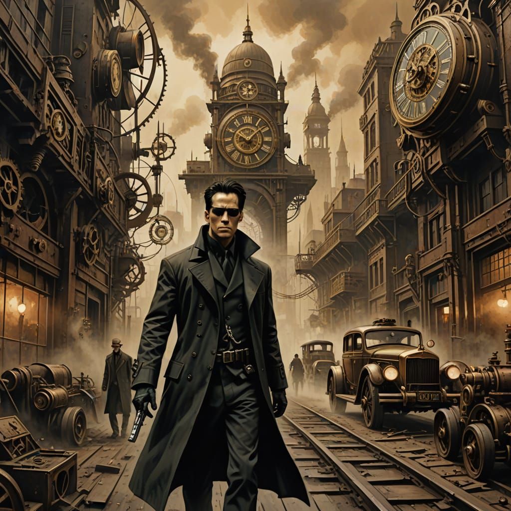 Neo Dodges Bullets in Steampunk London as Gouache Painting