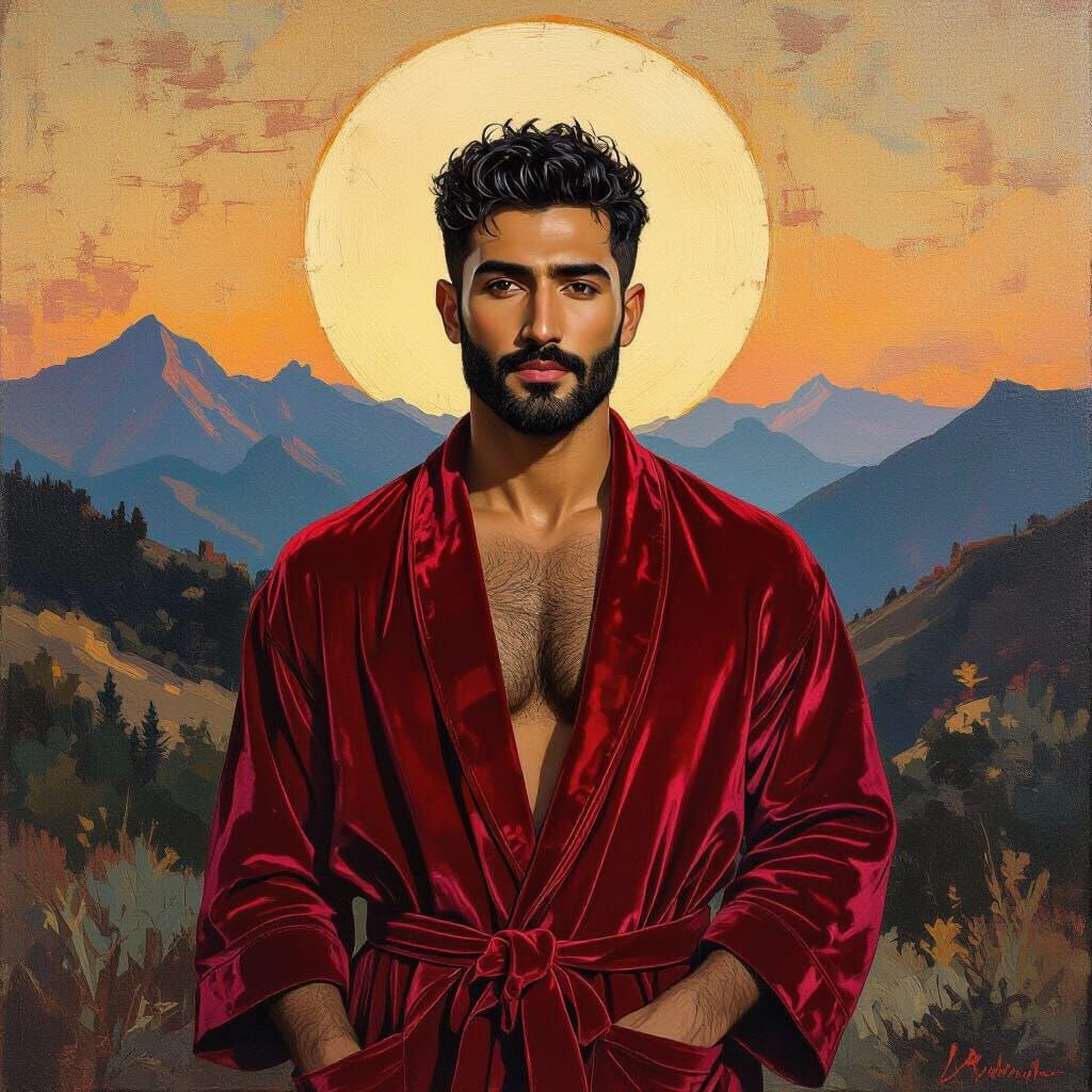 Impressionist Portrait of Man in Red Robe, Klimt Style