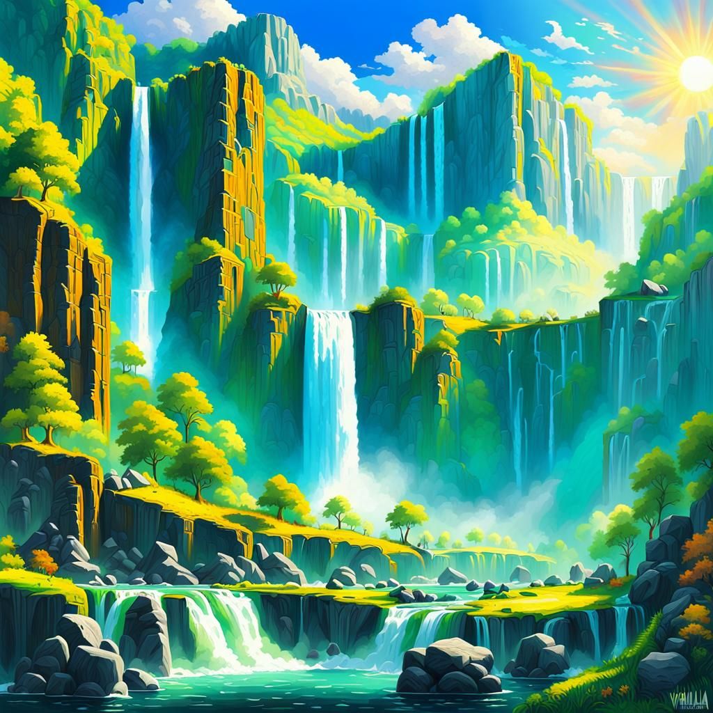 Bitcoin Logos Shine Atop Green Cliffs as Oil Painting