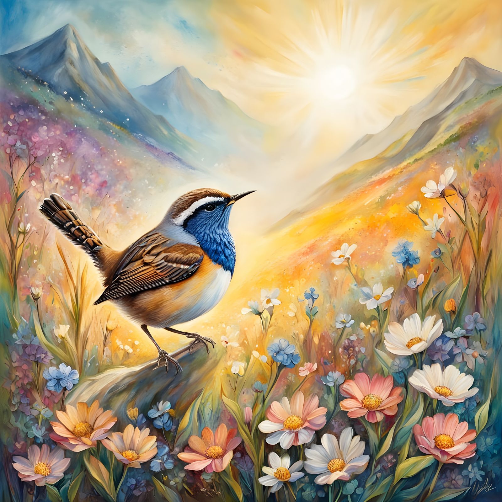Whimsical Spring Bird in Blossoming Landscape