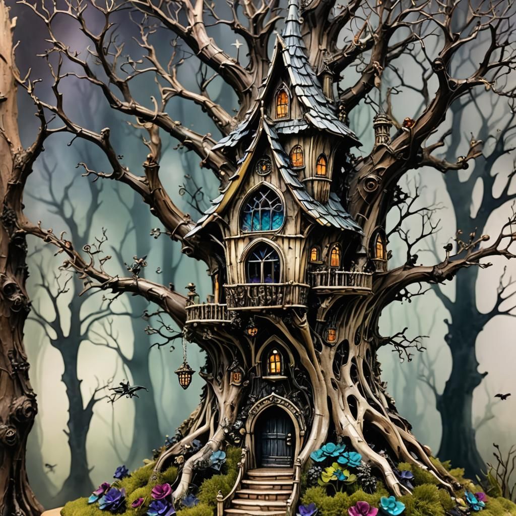 Gothic Bone Fairy Treehouse in Alcohol Inks