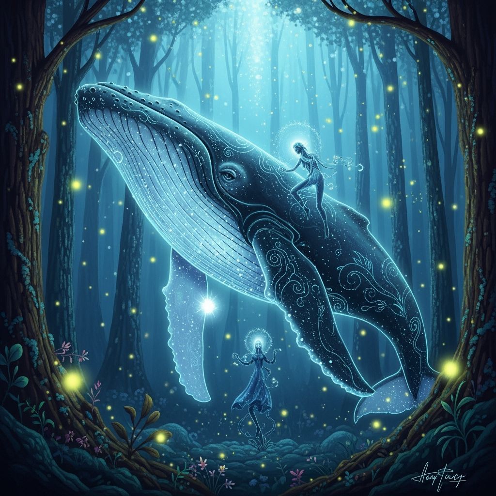 Ethereal Whale Floats Through Mystical Forest