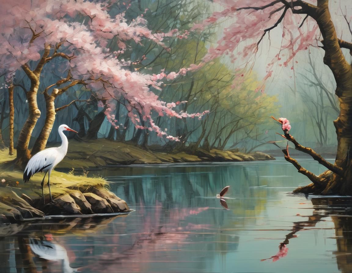 Crane Under Cherry Blossom Tree Impasto Painting