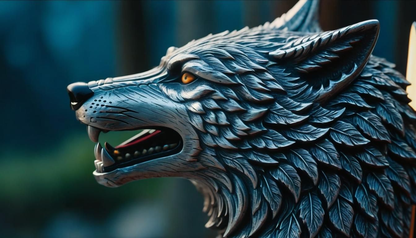 Wolf-Themed Sword Hilt in Cinematic Close-Up