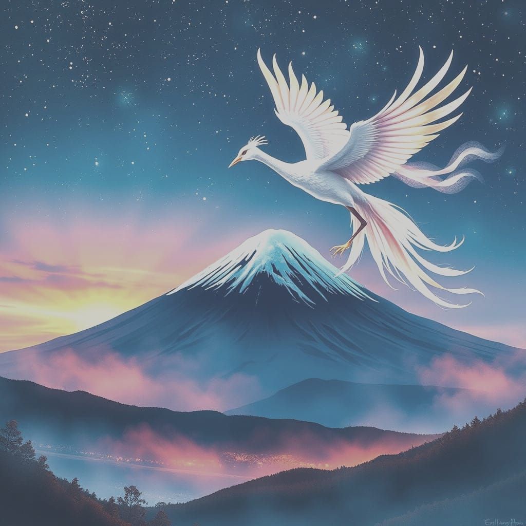 Mythical Peacock Phoenix Soars Over Fuji in Elegant Watercol...
