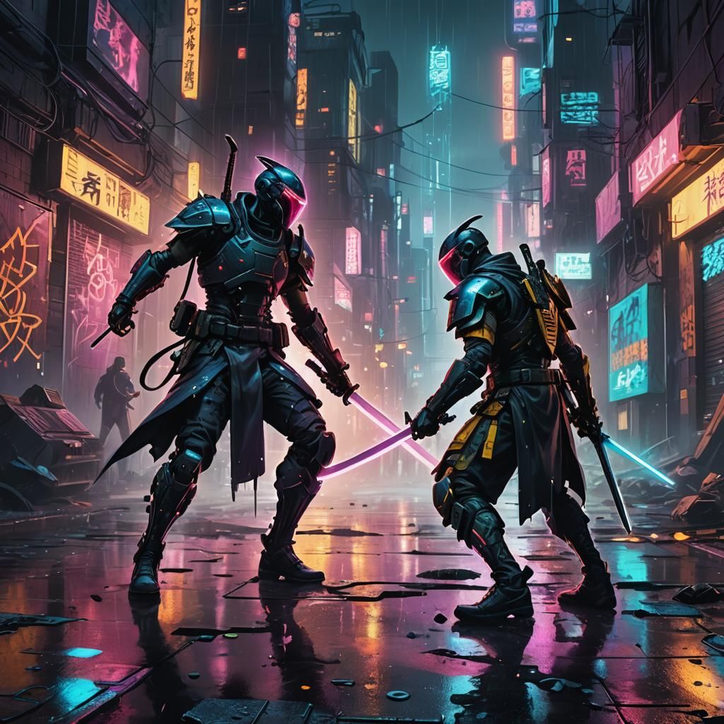 Cyberpunk Warriors Duel in Futuristic City