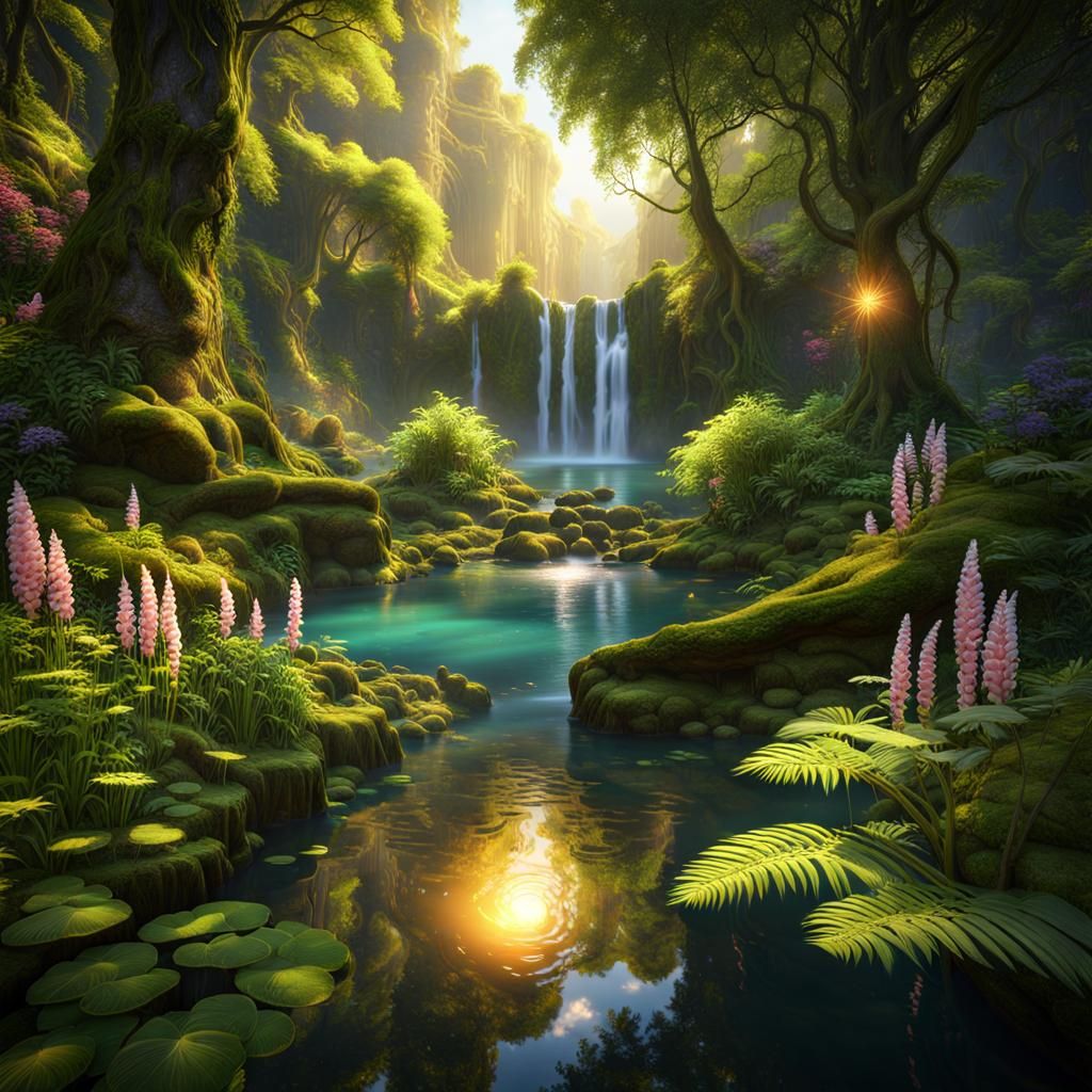 Enchanted Forest Waterfall in Spring's Golden Light