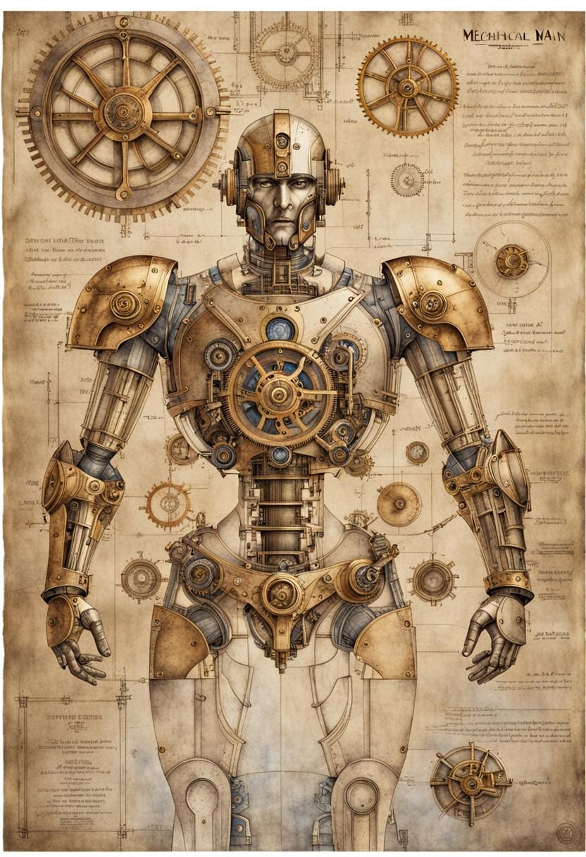 Cybernetic Renaissance Man in Intricate Blueprint