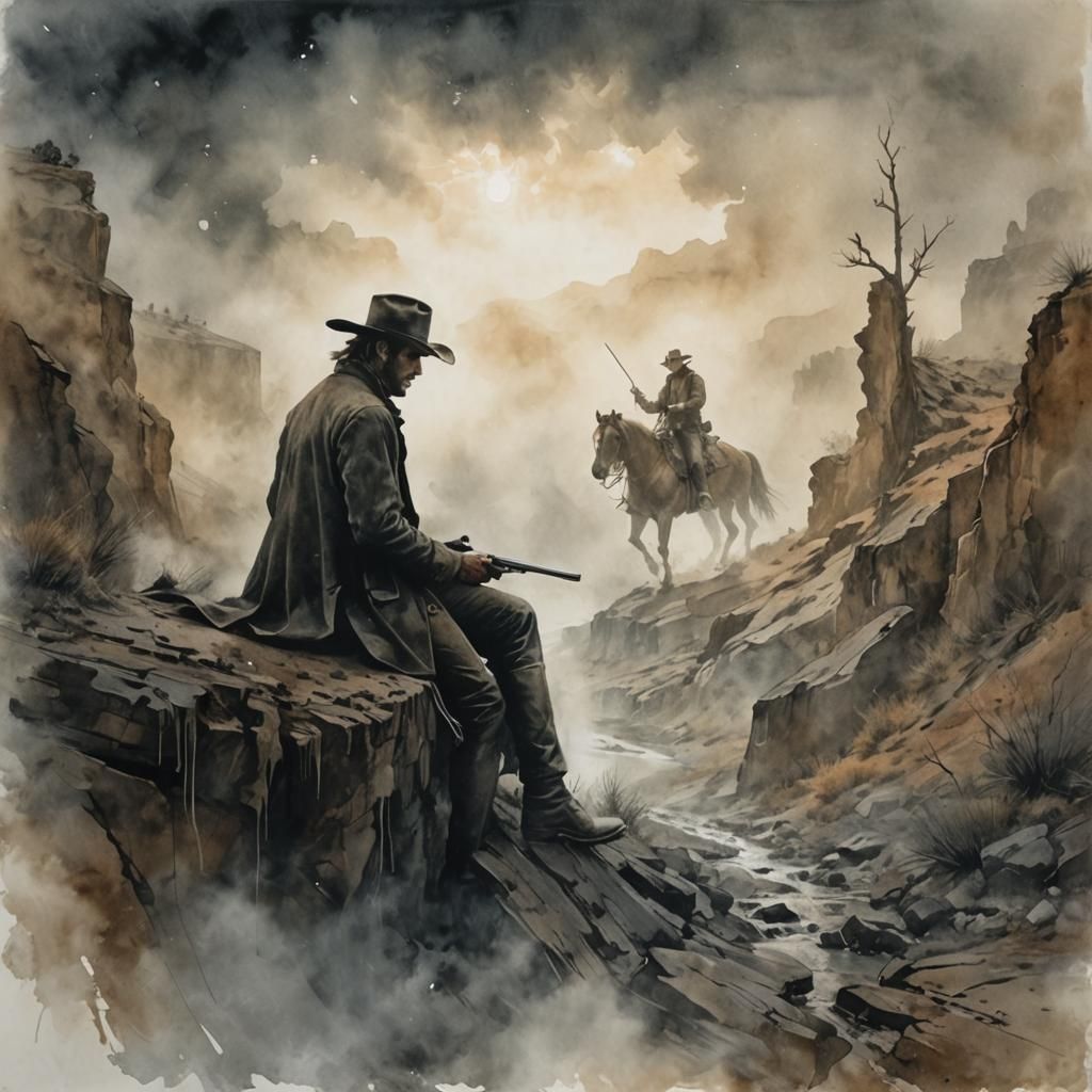 Gunslinger on Horseback in Misty Ravine