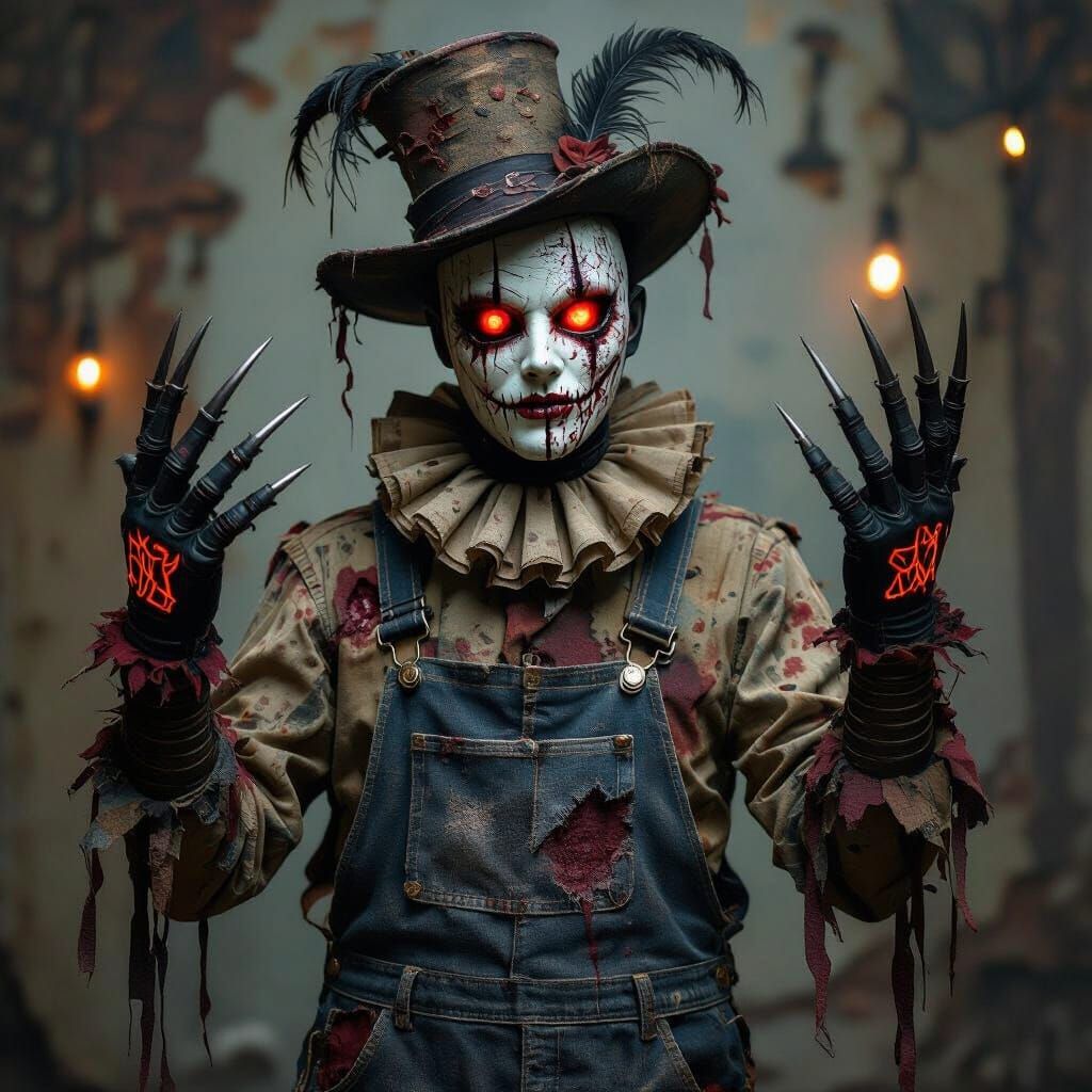 Grotesque Figure with Porcelain Mask and Metal Claws