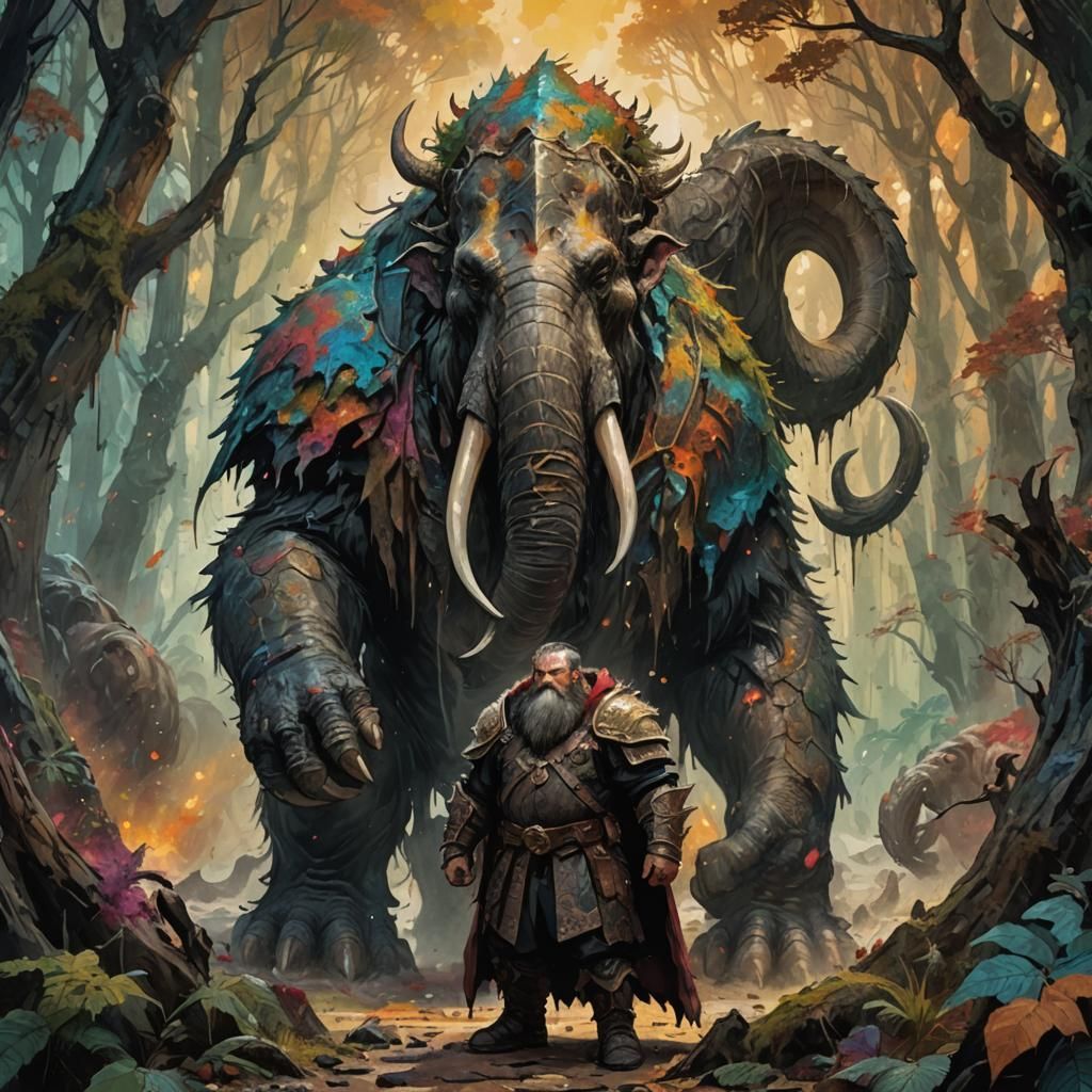 Dwarf Adept and War Mammoth in Surreal Ink Art