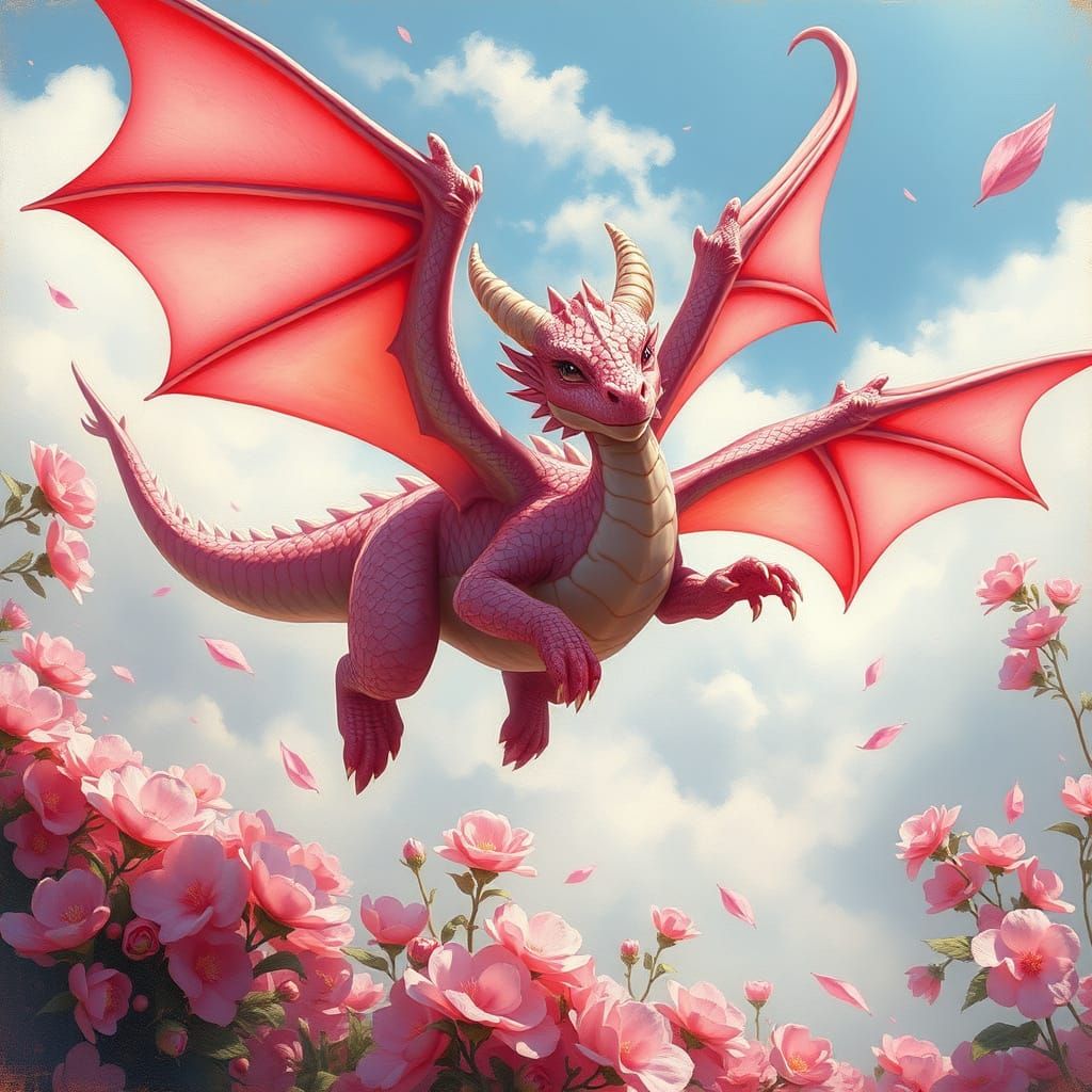 Majestic Pink Dragon Soars Through Whimsical Forest