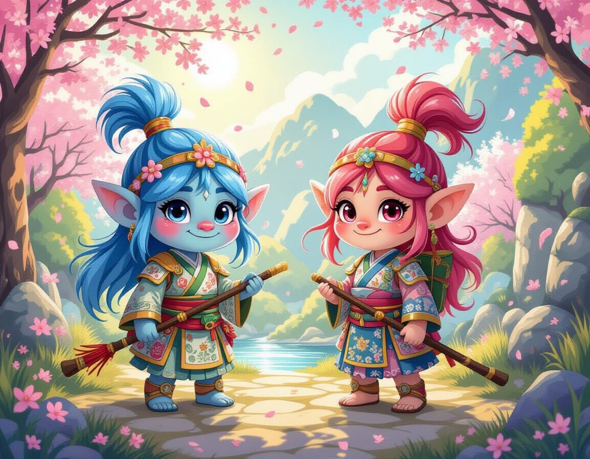 Magical Japanese Trolls in Sakura Sunlight