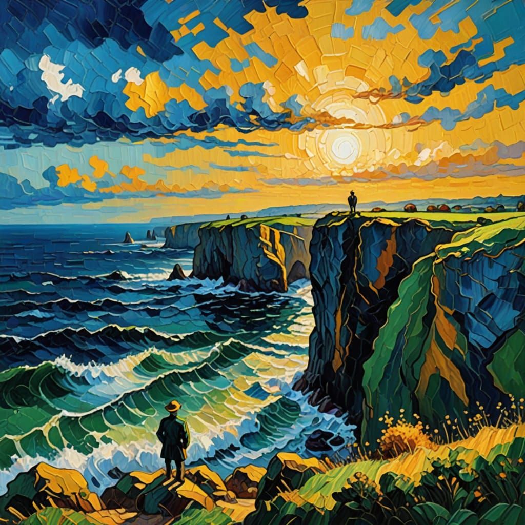 Vibrant Neo-Impressionist Cliffside Scene with Expressive Br...