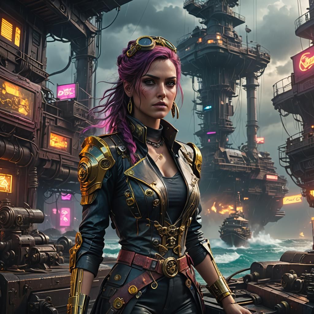 Steampunk Cyberpunk Pirate Princess in a Stormy Sea