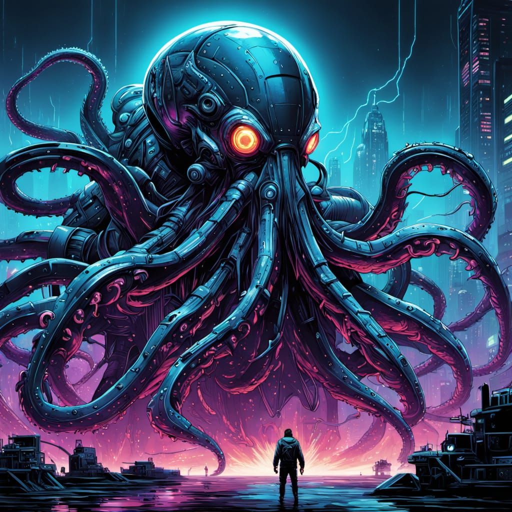 Cyberpunk Kraken Emerges from Neon Ocean