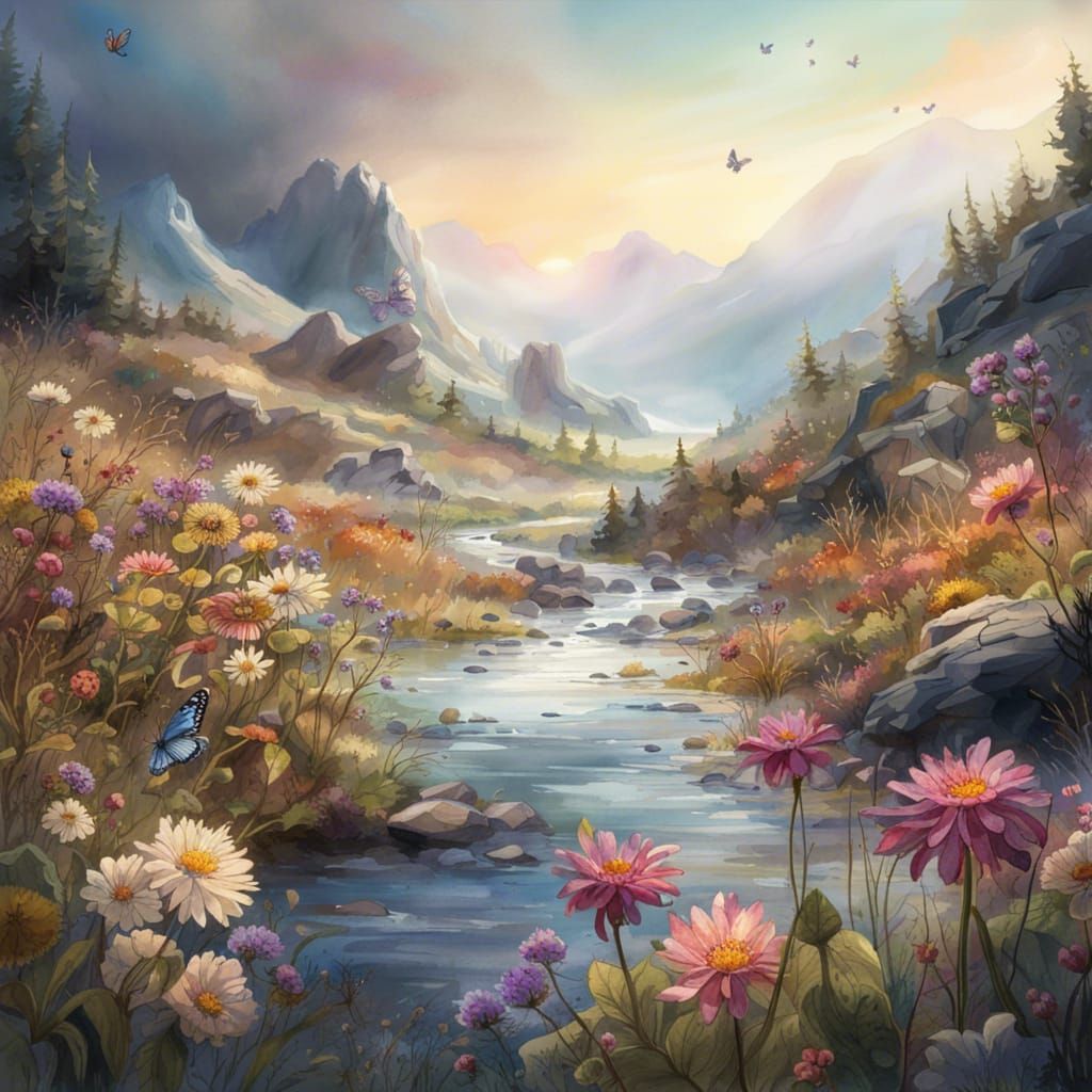 Watercolor Flower Mountain River in Morning Light