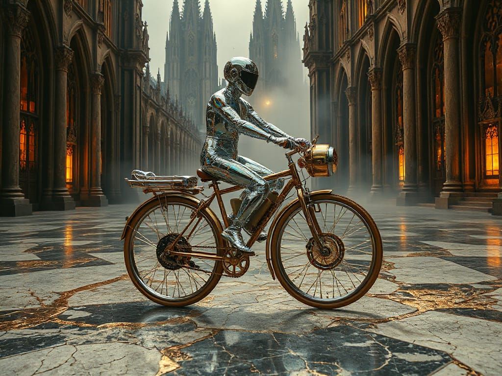 Glass Automaton Rides Baroque Unicycle on Cracked Marble Flo...