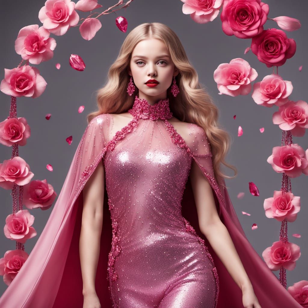 Woman in Sparkling Rose-Red Jeweled Gown