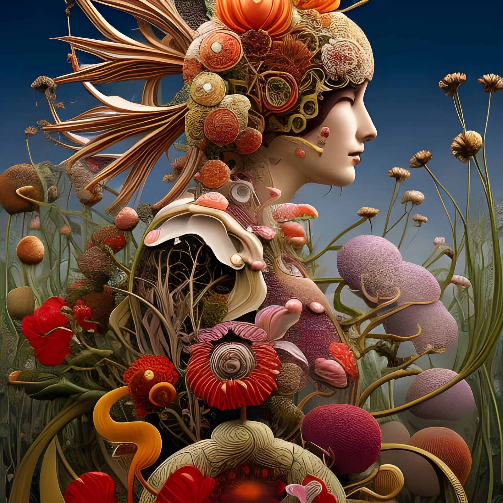 Grotesque Whimsical Girl with Flowers Collage