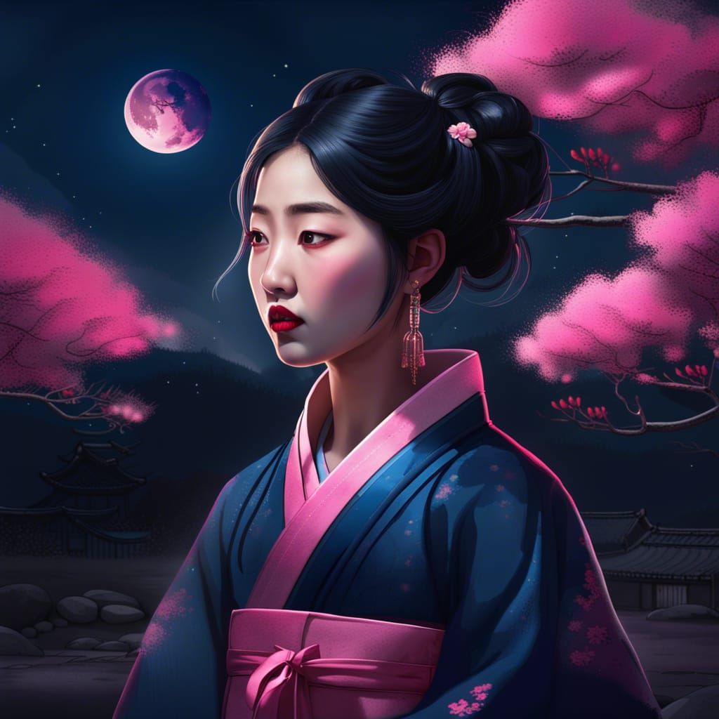 Korean Girl in Hanbok Under Moonlight, Digital Art